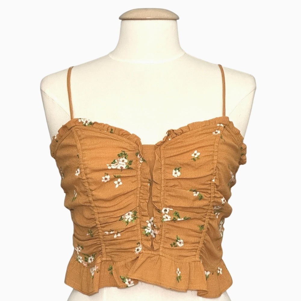 ASTR Womens Top M Yellow Gold Mini Floral Ruched Cami Cottage Prairie Festival